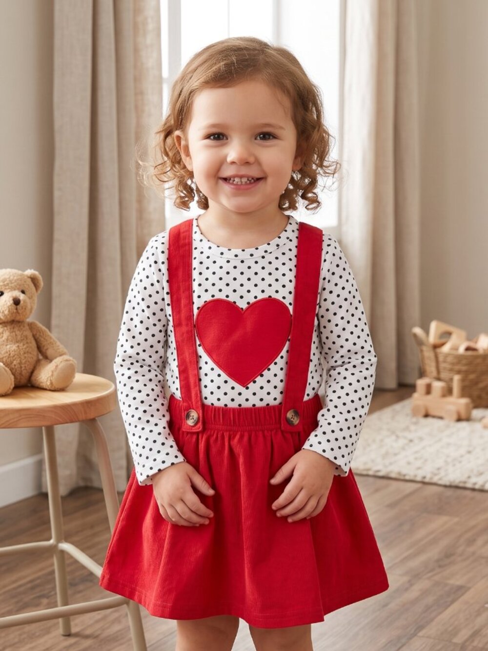 NWOT | 2-Piece Heart & Polka Dot Outfit | Red Suspender Skirt | Size 2T